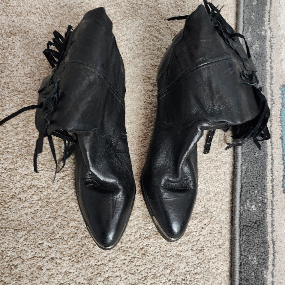 Black Leather Fringe Ankle Boots
